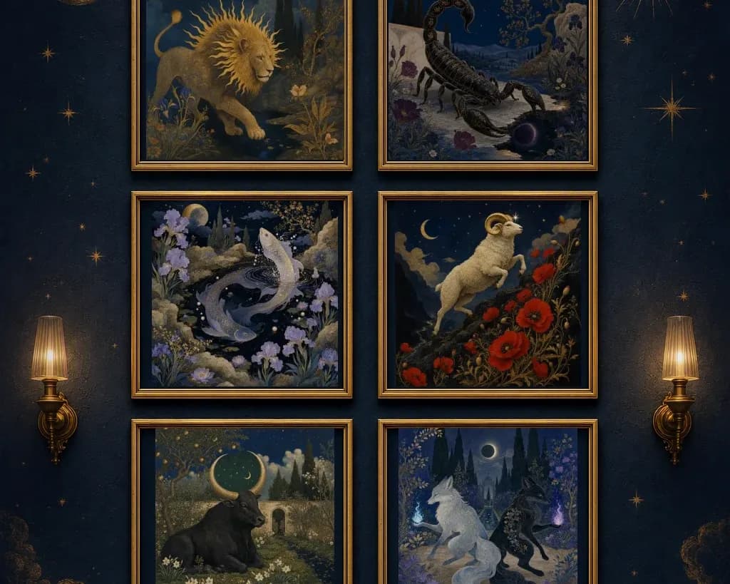 A gallery wall of framed Moonlit Bestiary zodiac art prints