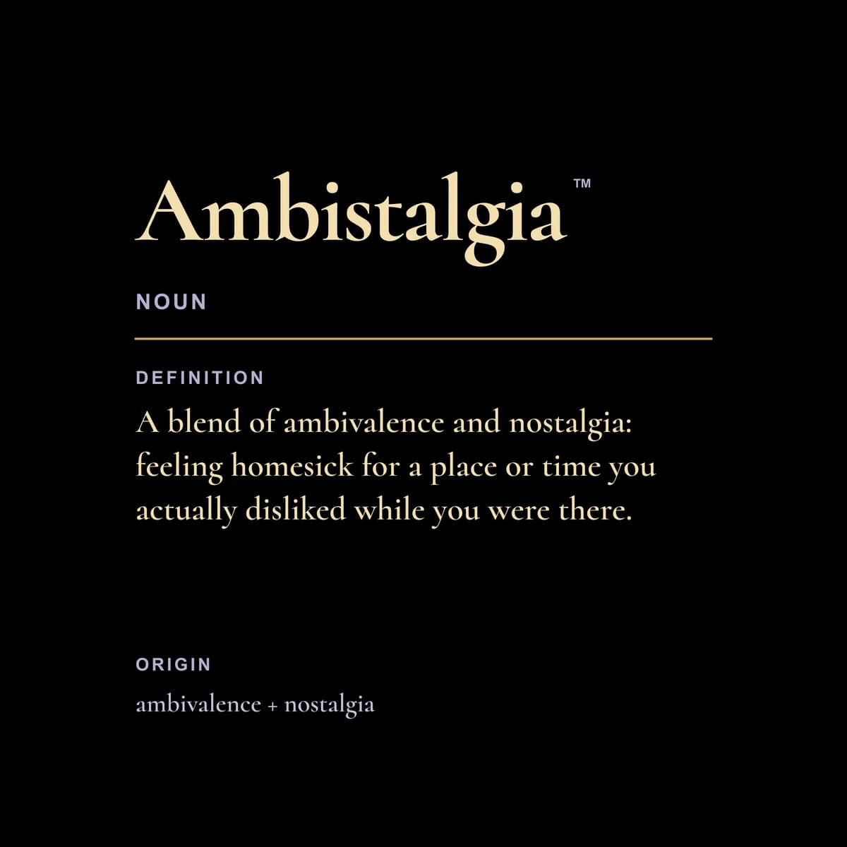 Ambistalgia™ square dictionary definition artwork in parchment and lavender.