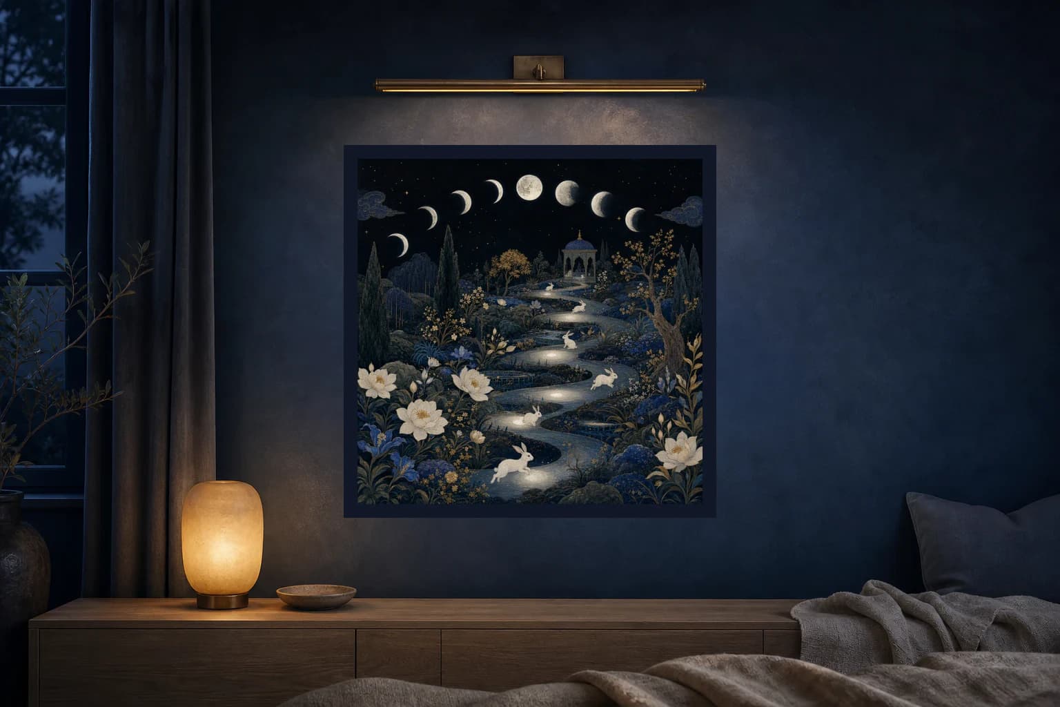 The Moon Phases Night Ritual artwork displayed in a quiet midnight room.