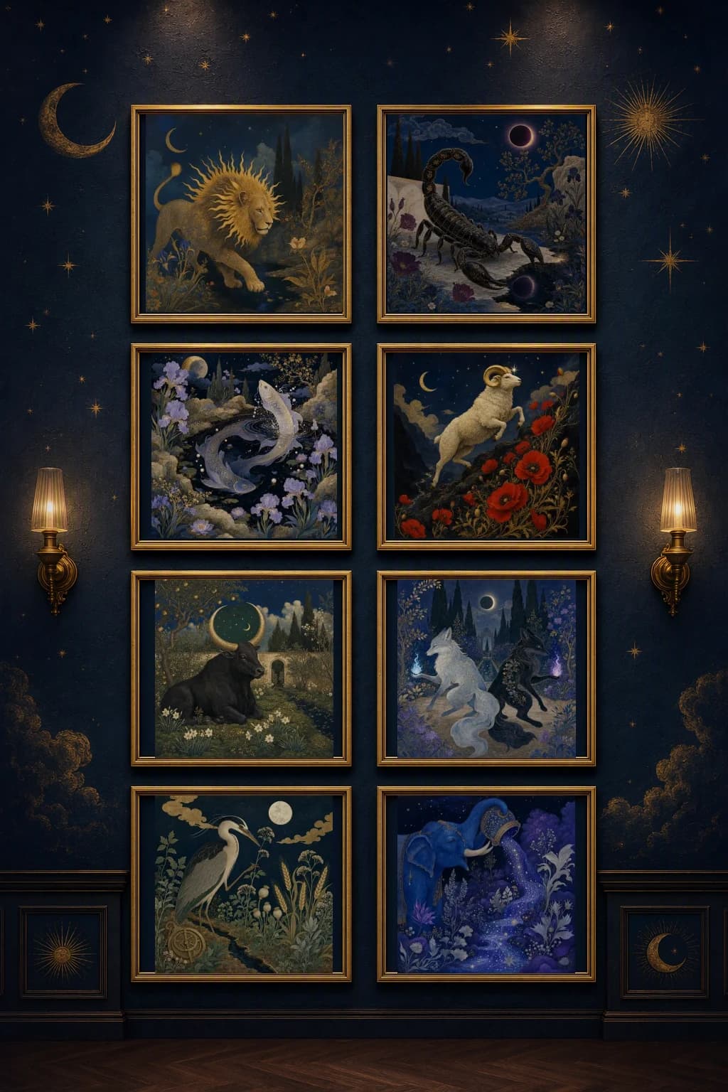 A gallery wall of current Moonlit Bestiary artwork.